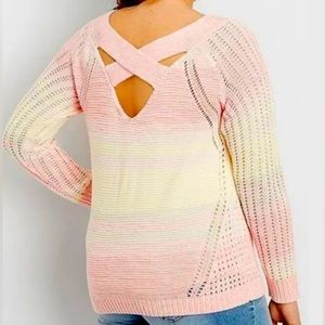 Maurices Pink Rainbow Pastel Cross Back Open Knit Sweater Size 3 / 3x 22,24